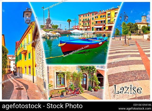 Garda lake town of Lazise tourist postcard with name label, Veneto region of Italy