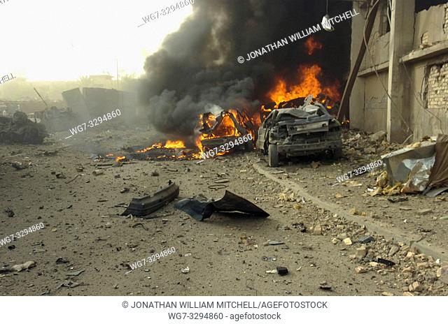 IRAQ Baghdad -- 27 Aug 2006 -- A "Vehicle Born Improvised Explosive Devise" or car bomb after exploding on a street outside of the Al Sabah newspaper office in...