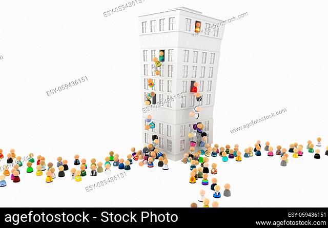 Crowd of small symbolic 3d figures, falling from building, over white