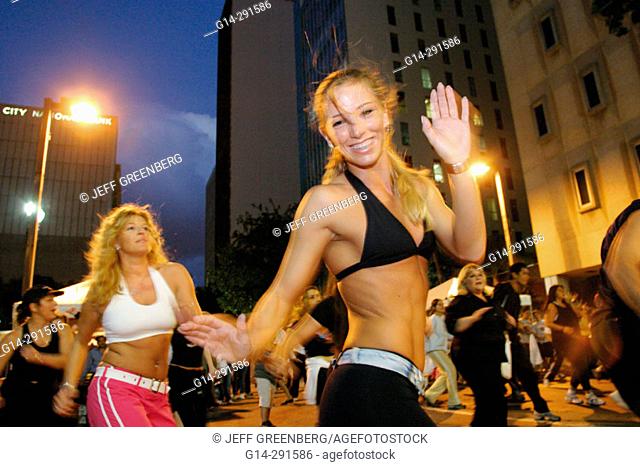 Zumba Salsa aerobics. Mayor Alex Penelas, Mayor's Health and Fitness Challenge. Flagler Street. Miami. Florida. USA