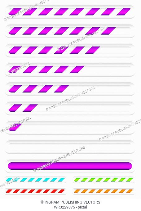 Collection of brightly coloured download bars with color variations