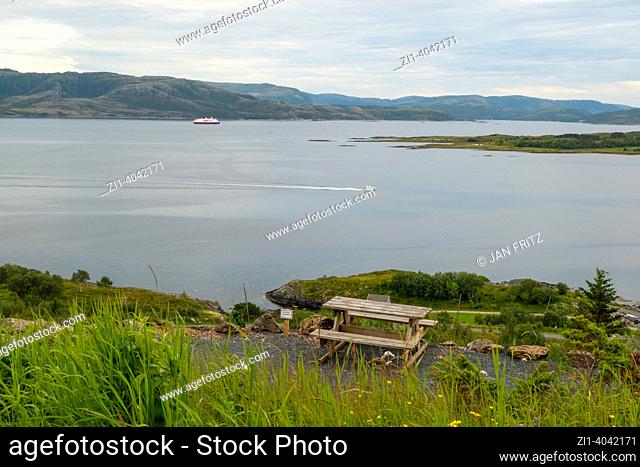 View at fjord and picnic table on the island of Leka, Norway