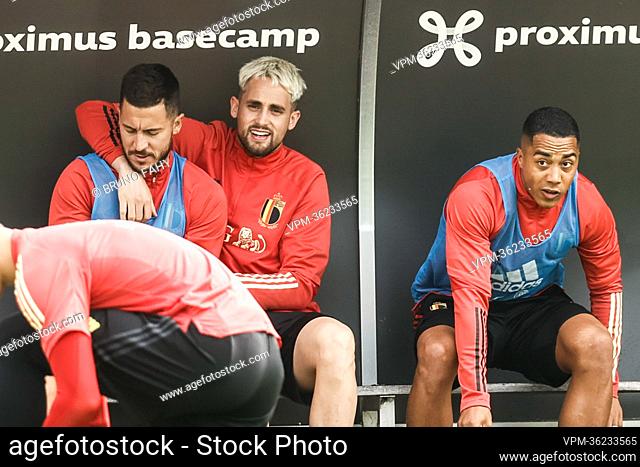 Belgium's Eden Hazard, Belgium's Adnan Januzaj and Belgium's Youri Tielemans pictured during a training session of the Belgian national team, the Red Devils