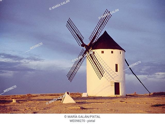 Windmill at dusk. Campo de Criptana, Ciudad Real province, Castilla La Mancha, Spain