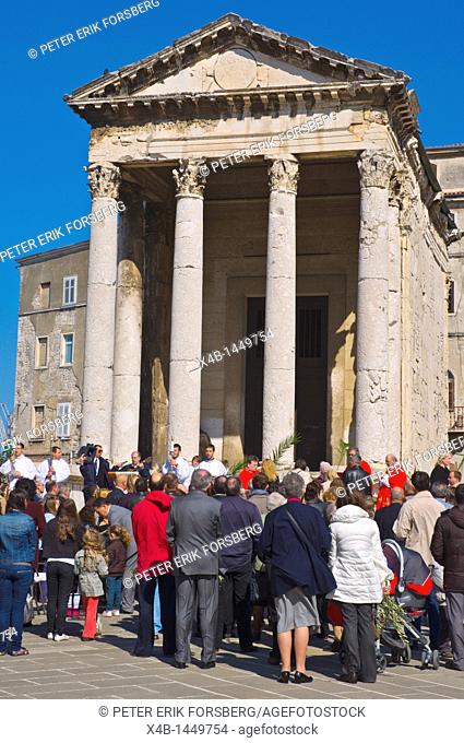 Outdoor mass in front of Augustov Hram the Temple of Augustus at Forum the Kapitolinski Trg square Pula Istria Croatia Europe