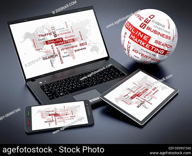 Laptop computer, tablet PC and smartphone. Online marketing concept