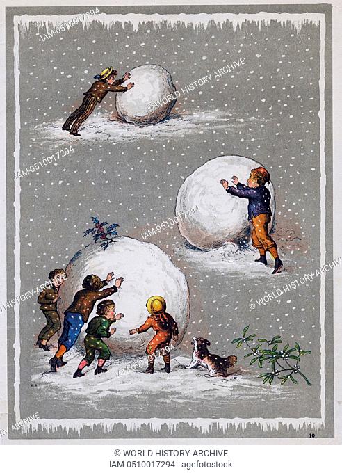 Children making a giant snowball. Illustration c1890