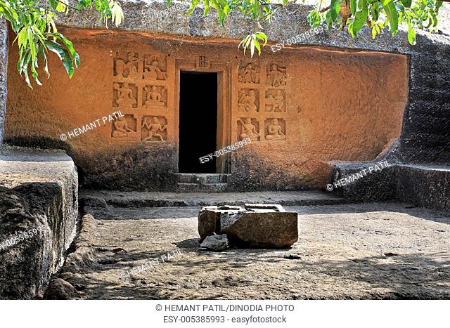 Forecourt and facade of cave number fourteen in Panhale Kazi caves ; Konkan ; Maharashtra ; India