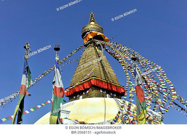 Tibetan Buddhism, Bodnath Stupa, Boudhanath, Boudha, two eyes looking down, UNESCO World Heritage Site, Kathmandu, Kathmandu Valley, Nepal, Himalayas, Asia