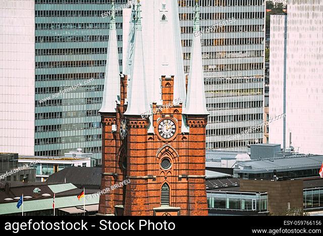 Stockholm, Sweden. Elevated View Of St. Clara Or Saint Klara Church In Summer Sunny Modern Cityscape Skyline. Close Up