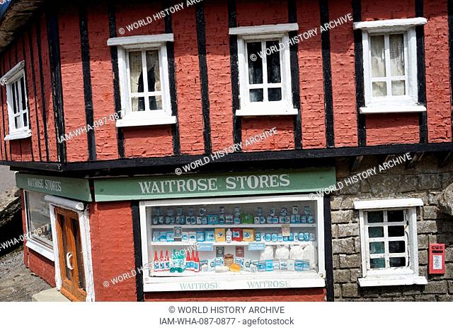 Village shops at Bekonscot in Beaconsfield, Buckinghamshire, England, the oldest original model village in the world. It portrays aspects of England mostly...