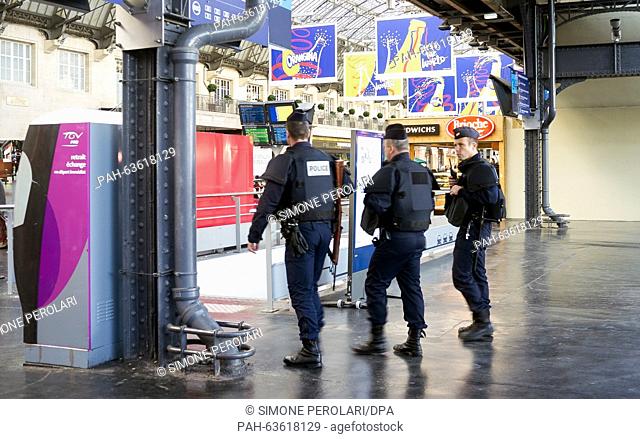 French policemen patrol at the Gare de l'Est station in Paris, France on 15 November 2015. At least 129 people were killed in multiple terrorist attacks in...
