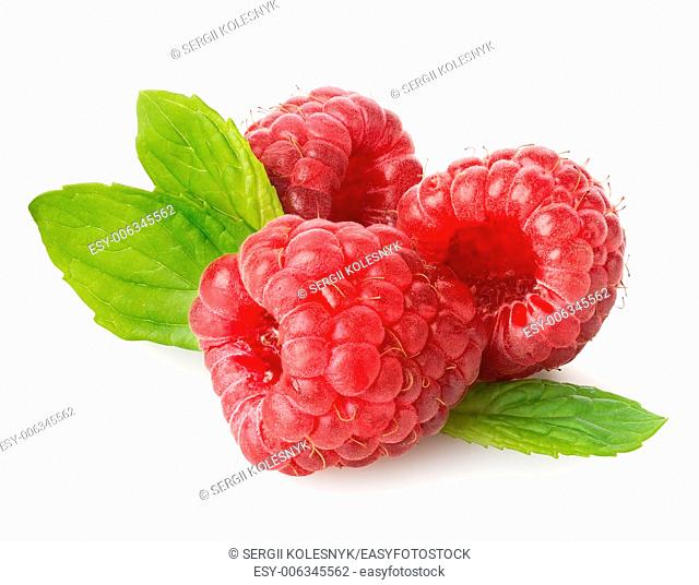 Raspberry with green leaf isolated on white
