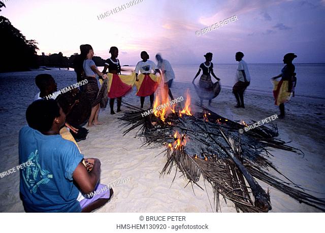 Seychelles, Moutia, dance and music on the beach with goatskin drums