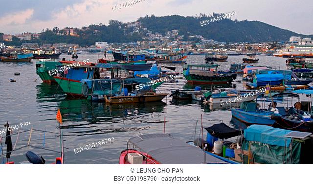 Cheung chau, Hong Kong, 24 April 2019: Crowded of small boat in the sea of Cheung chau island in the evening