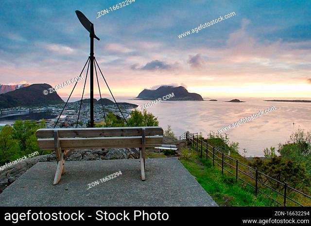 Alesund cityscape skyline and ocean view seen from aksla viewpoint. Travel and tourism in Norway