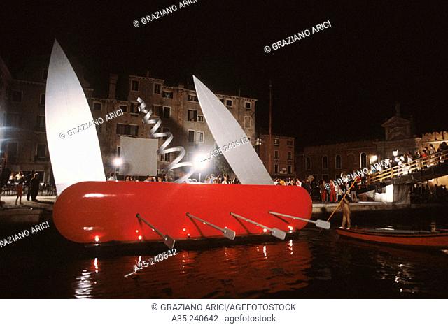 Knife Ship, sculpture by Claes Oldenburg and Coosje Van Bruggen shown in performance 'Il Corso del Coltello' at the Arsenal, Venice, 1985
