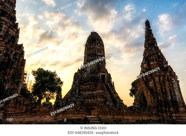 Wat Chaiwatthanaram main central Prang taken upclose during sunset hours. Ayutthaya, Thailand