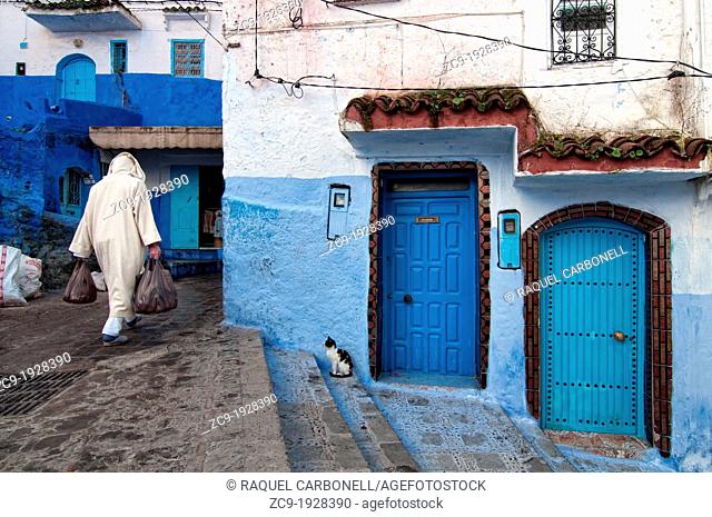 Blue painted houses in the medina of Chefchaouen, Rif region, Morocco