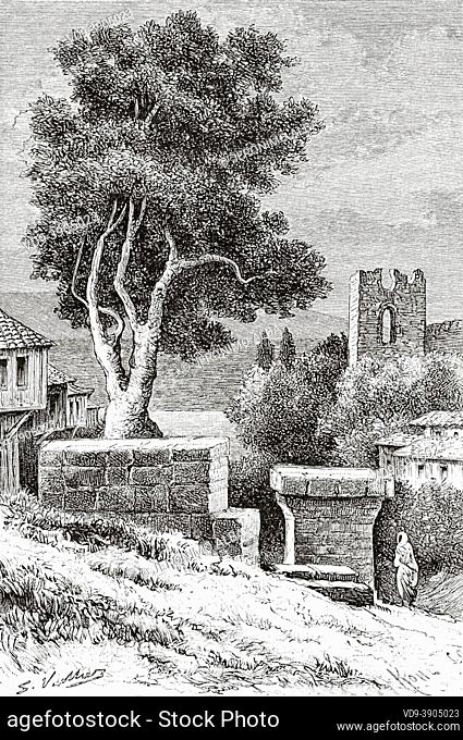 The gallows tree in front of Meidan-Kapou, Sinope. Black Sea region, Turkey. Old 19th century engraved illustration, Six months stay in the ancient capital of...