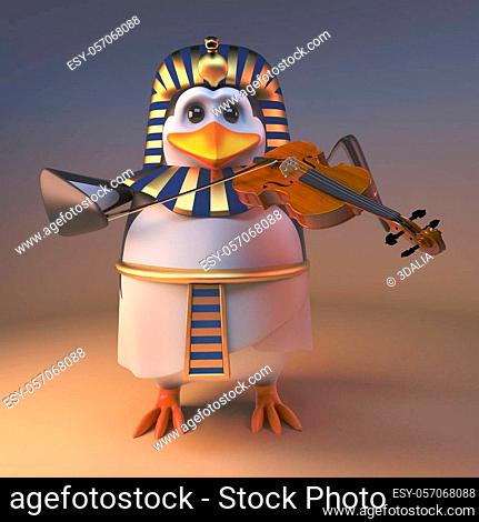 Musical pharaoh penguin Tutankhamun playing music on a violin, 3d illustration render