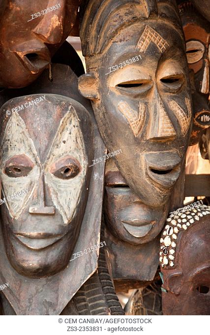 Close-up shot of wooden masks at the market, Stone Town, Zanzibar, Unguja Island, Zanzibar Archipelago, Tanzania, Africa
