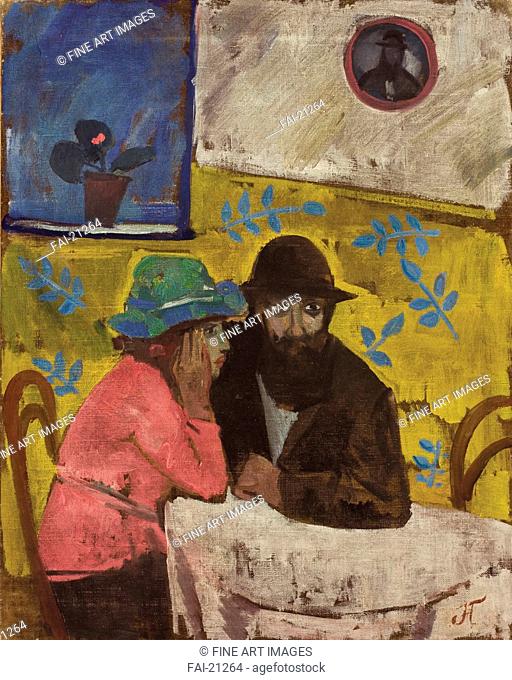 Couple Sitting at Table. Goncharova, Natalia Sergeevna (1881-1962). Oil on canvas. Russian avant-garde. Russia. Private Collection. 74, 9x60, 3. Genre