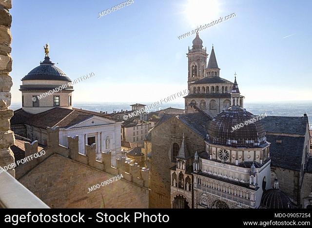 The panorama seen from the Civic Tower known as the Campanone of the upper city: in the foreground the domes of the Cathedral of Sant'Alessandro (Duomo)