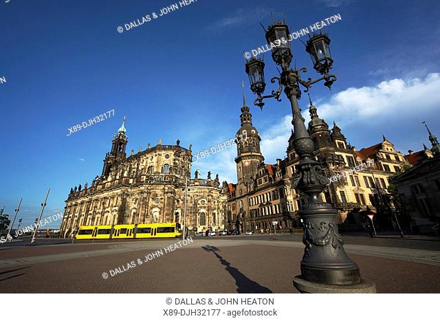 Germany, Saxony, Dresden, Theaterplatz, Theatre Square, Hofkirche, Kathedrale St. Trinitatis, St. Trinity Cathedral, Hausmann Tower