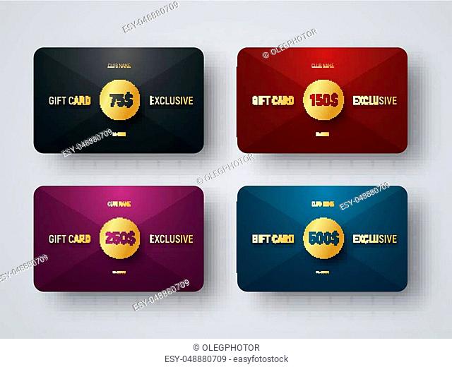 Templates of premium gift cards with a golden circle at the intersection of triangles. Minimalist design with dark colors. Vector illustration. Set
