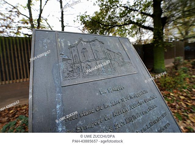 A memorial plaque commemorates the former Jewish synagogue at its former location in Kassel, Germany, 07 November 2013. On 07 November 1938