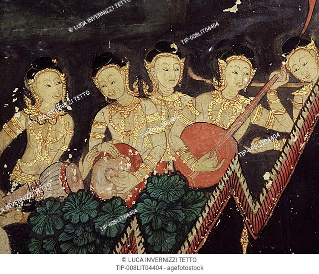 Celestial deities playing musical instruments, detail of a mural painting in the Buddhaisawan Chapel, Bangkok, Thailand