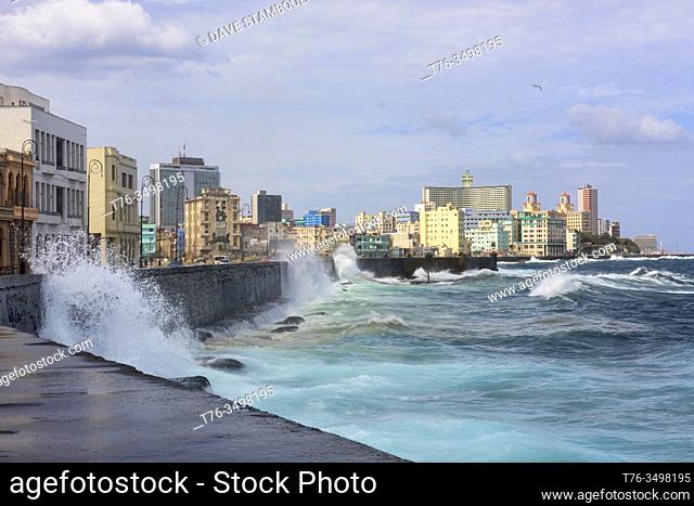 Havana skyline and waves along the Malecón in Havana, Cuba