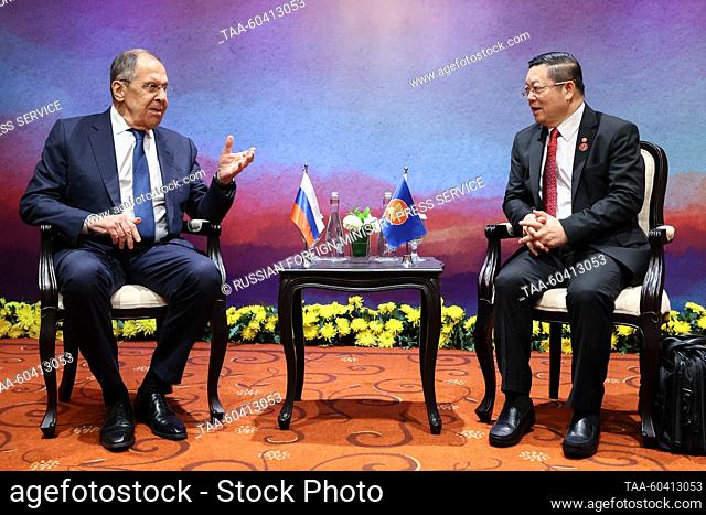 INDONESIA, JAKARTA - JULY 12, 2023: Russia's Foreign Minister Sergei Lavrov (L) and Secretary-General of the Association of Southeast Asian Nations (ASEAN) Kao...