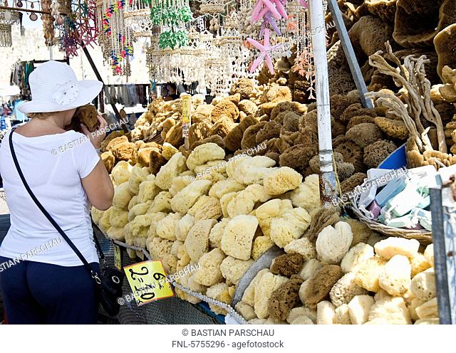Market stall with sponges, Rhodes City, Rhodes, Dodecanes, Greece, Europe