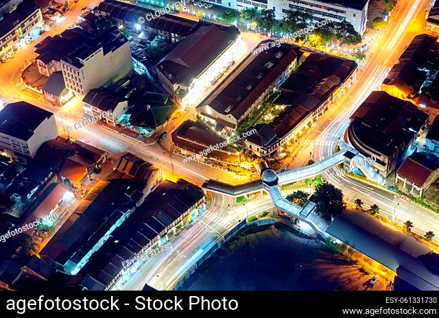 Georgetown, Kuala Lumpur, Malaysia - Jun 25 2017: Penang Road Pedestrian Bridge (Octopus Footbridge) in night view from top