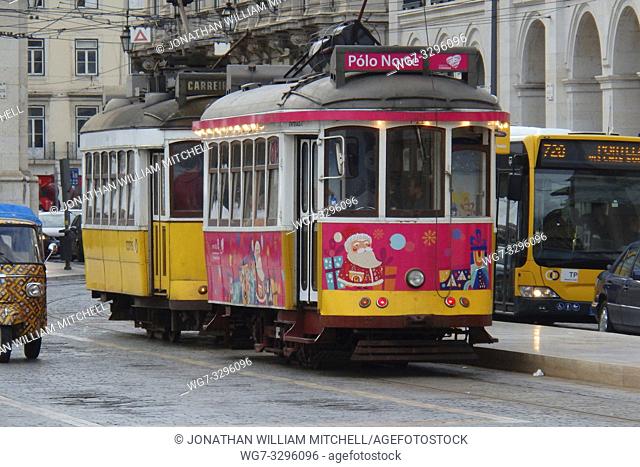 PORTUGAL Lisbon -- 15 Dec 2014 -- Christmas tram (with jokingly it's destination as the North Pole) in the Praca do Commercio in Baixa Lisbon Portugal --...