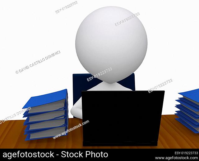3D busy business man with a pile of work on his desk - isolated