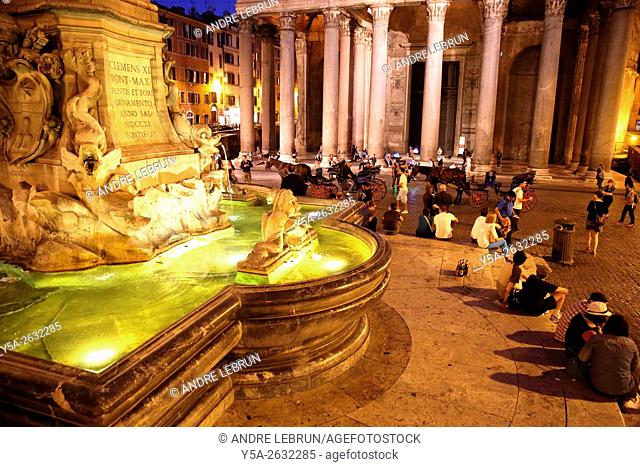 Italy. Rome. Fontana del Pantheon standing in Piazza della Rotonda with the Pantheon in the background
