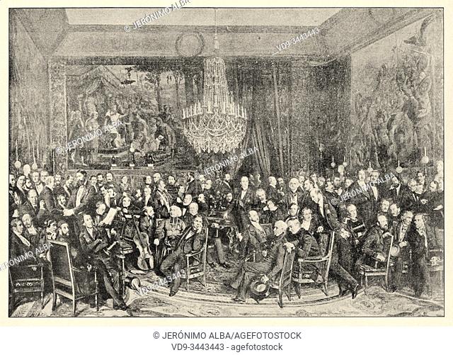 An evening at the Louvre at the house of Count Nieuwerkerke. History of France, old engraved illustration image from the book Histoire contemporaine par l'image...