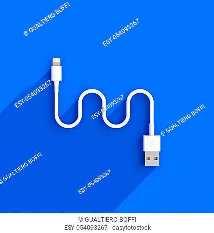 3d render image of a usb cable on blue background with long diagonal shadow. connection concept