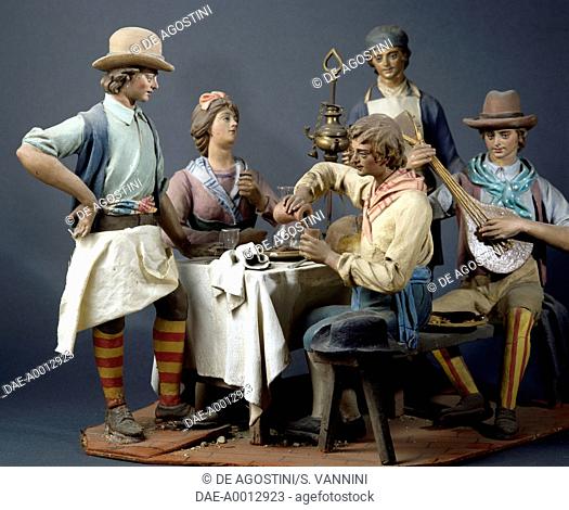 Characters at a table in an osteria, papier-mache nativity figurines, 1950-1970, church of Santa Maria in Via, Rome, Lazio, Italy