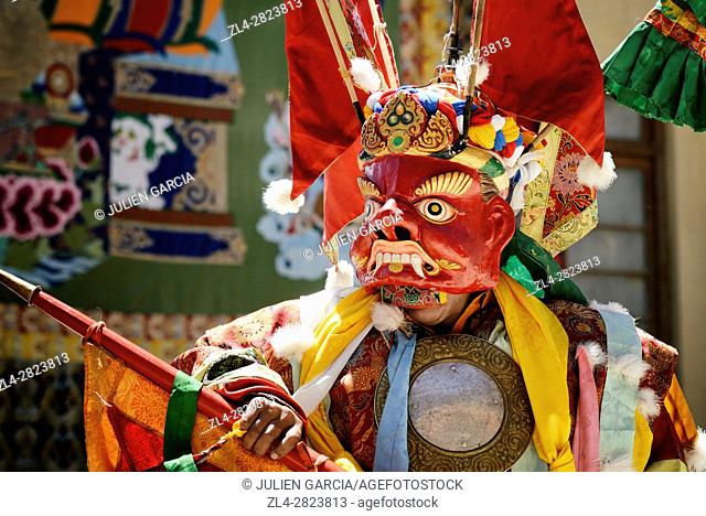 India, Jammu and Kashmir State, Himalaya, Ladakh, Indus valley, festival at the Buddhist monastery of Phyang, sacred mask dances performed by monks