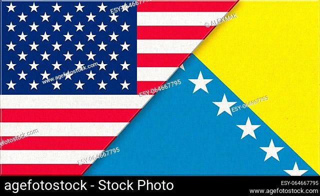 Flags of USA and Bosnia and Herzegovina. American and Bosnia and Herzegovina national flags on fabric surface. USA and Bosnia and Herzegovina relations