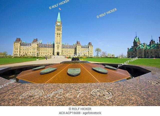 Centre Block and Peace Tower of the Parliament buildings and the Centennial Flame, Parliament Hill, Ottawa, Ontario, Canada