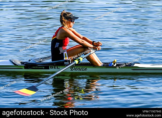 U23 Belgian Shark rower Mazarine Guilbert pictured in action during a training session ahead of a press conference organized by the Vlaamse Roeiliga and...