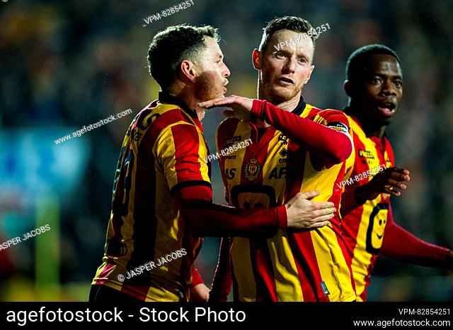 Mechelen's Kerim Mrabti and Mechelen's Rob Schoofs celebrate after scoring during a soccer match between KV Mechelen and Standard de Liege Wednesday 20 December...