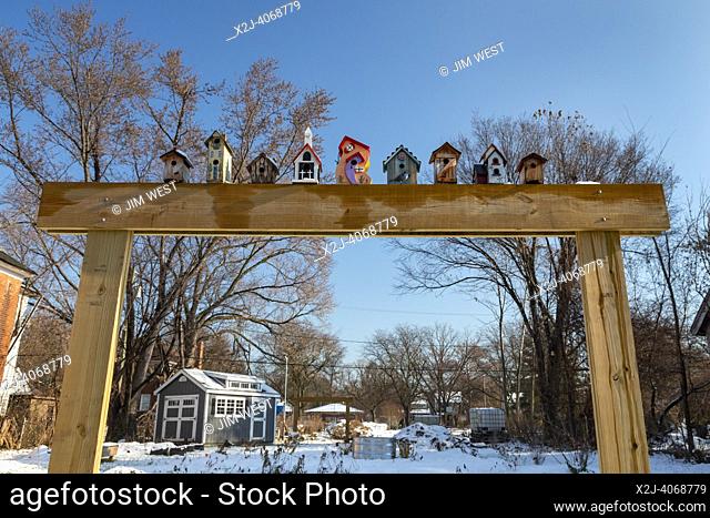 Detroit, Michigan - Decorated birdhouses in a park in winter in the Jefferson-Chalmers neighborhood
