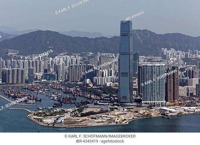 Skyscrapers in the district of West Kowloon, Skyscraper International Commerce Centre, high-rise residential building The Harbourside and The Arch