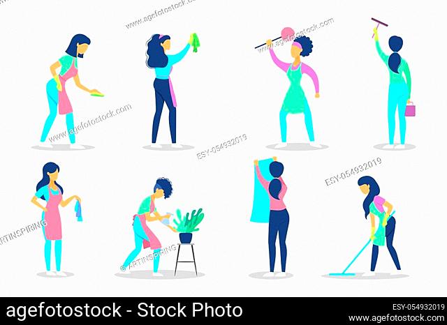 Cleaning set. Collection of people doing housework. Professional occupation. Janitor washing floor. Isolated vector illustration in cartoon style